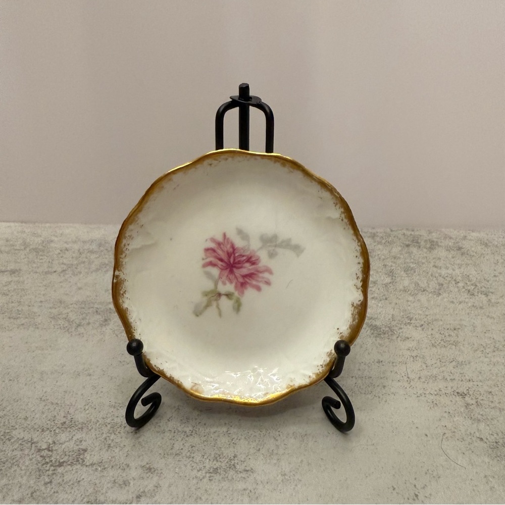 Vintage butter pat pink flowers gold rim